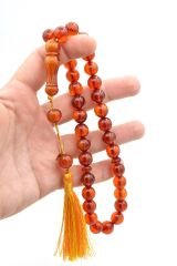 Hakkı Usta İmzalı Saçaklı Sistemli Turuncu Sıkma Kehribar Tesbih