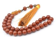 Hakkı Usta İmzalı Saçaklı Sistemli Koyu Turuncu Sıkma Kehribar Tesbih