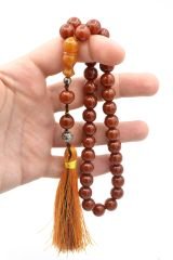 Hakkı Usta İmzalı Saçaklı Sistemli Koyu Turuncu Sıkma Kehribar Tesbih