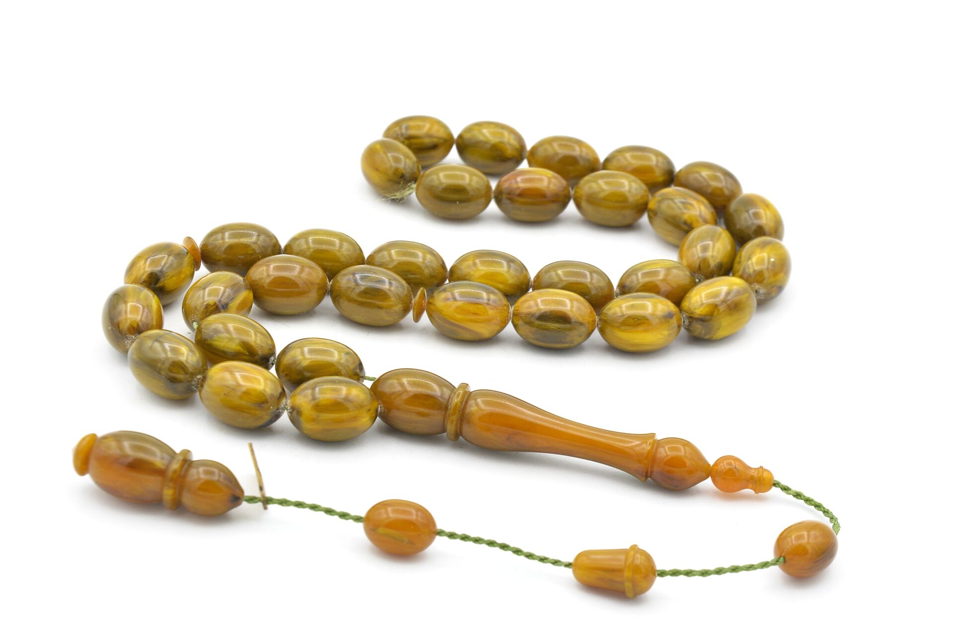 İbrahim Uysal İmzalı Beyzi İri Boy Yeşil Sarı Sıkma Kehribar Tesbih