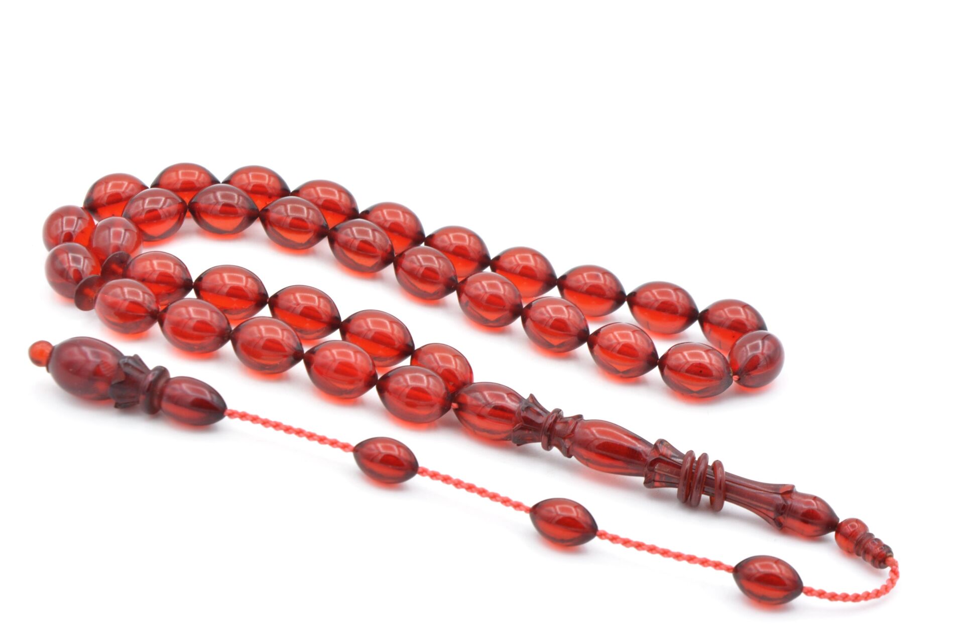 Abdullah Öner Usta Yapımı Oyma Imameli Kırmızı Sıkma Kehribar Tesbih