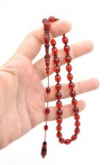 Abdullah Öner Usta Yapımı Oyma Imameli Kırmızı Sıkma Kehribar Tesbih