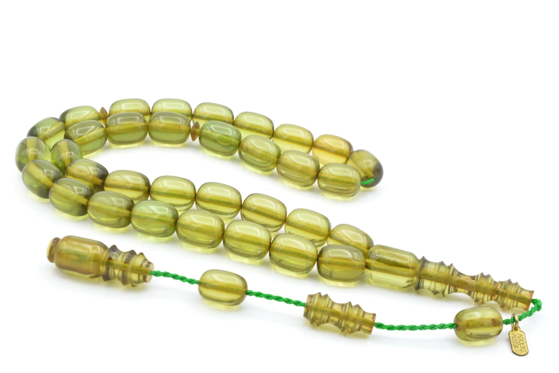 Hakkı Usta İmzalı Kapsül Kesim Yeşil Sıkma Kehribar Tesbih