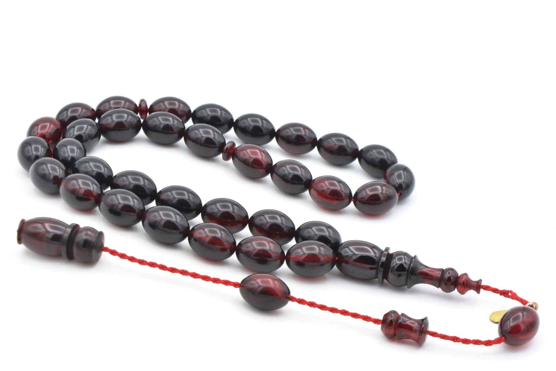 Hakkı Usta İmzalı Beyzi Kesim Siyah Kırmızı Sıkma Kehribar Tesbih