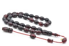 Hakkı Usta İmzalı Beyzi Kesim Siyah Kırmızı Sıkma Kehribar Tesbih