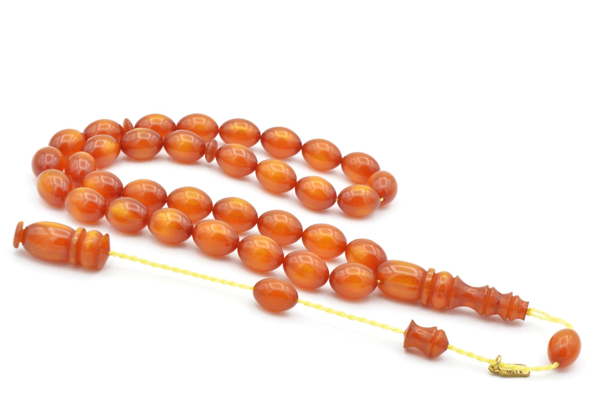 Hakkı Usta İmzalı Beyzi Kesim Simli Turuncu Sıkma Kehribar Tesbih