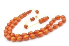 Hakkı Usta İmzalı Beyzi Kesim Simli Turuncu Sıkma Kehribar Tesbih