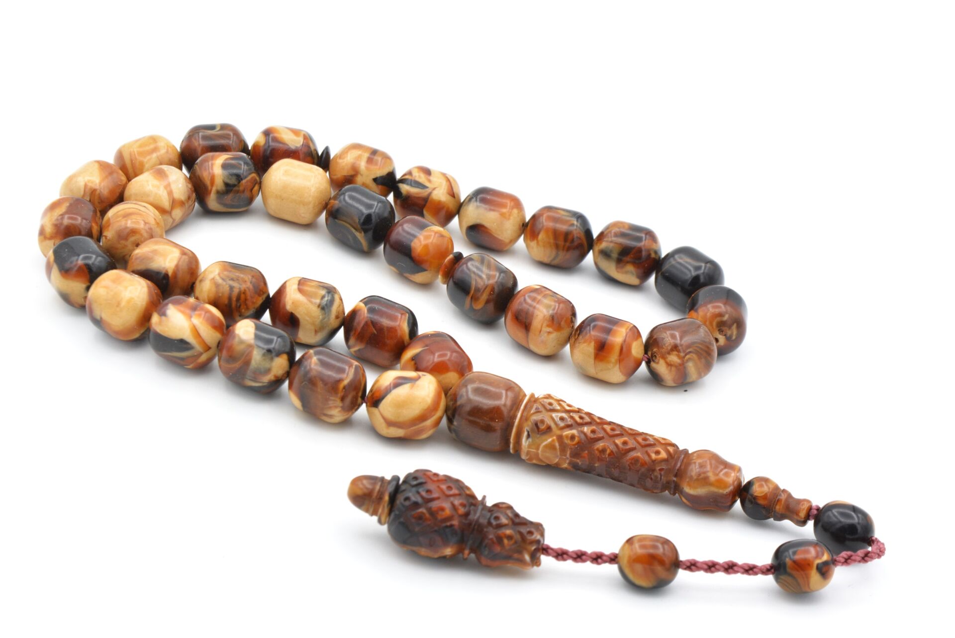 Sistemli Fıçı Kesim İri Boy Kahverengi Beyaz Toz Pres Kehribar Tesbih