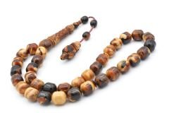 Sistemli Fıçı Kesim İri Boy Kahverengi Beyaz Toz Pres Kehribar Tesbih