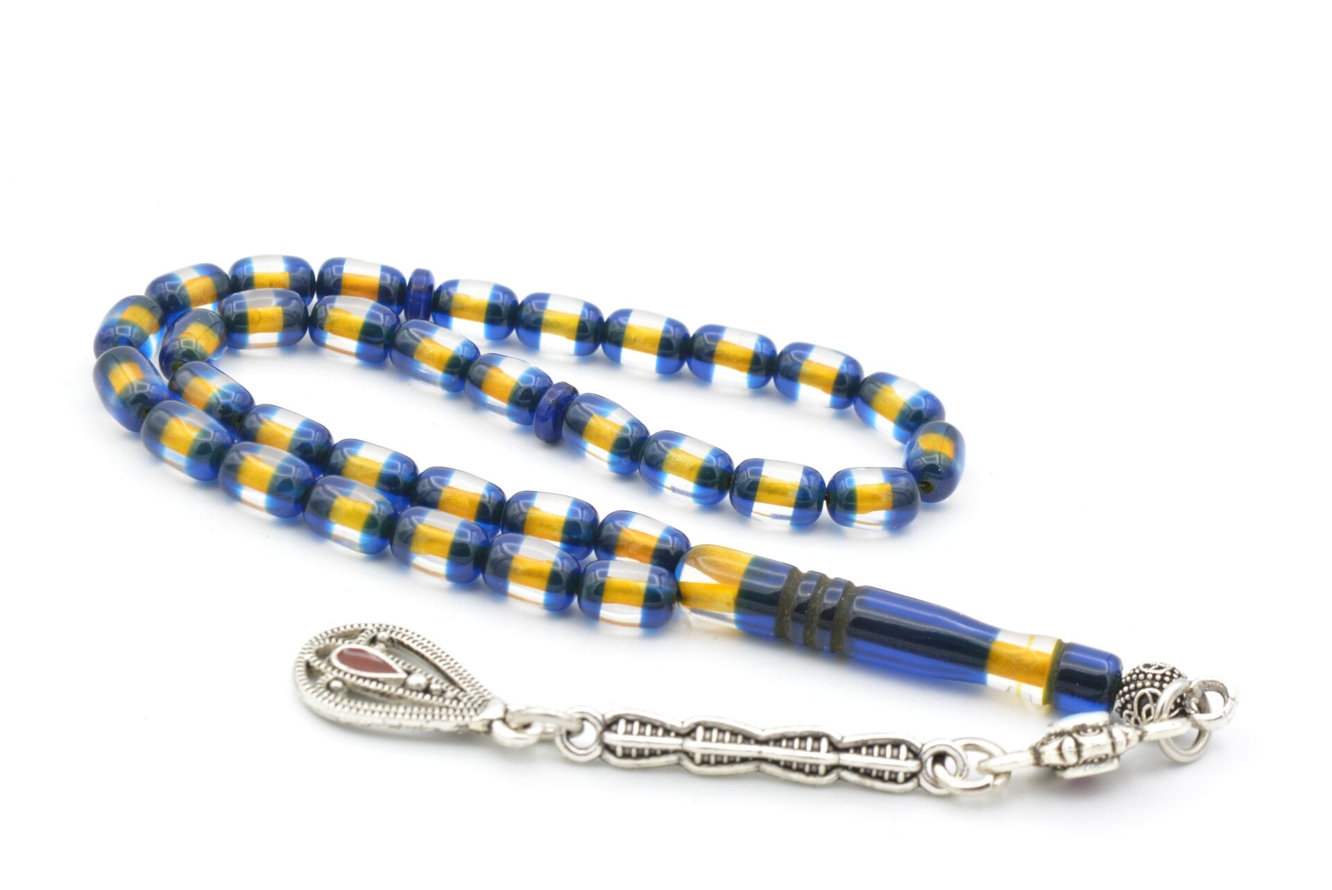 Mineli Kamçılı Bilek Boy Sarı Lacivert Sürmeli Sıkma Kehribar Tesbih