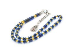 Mineli Kamçılı Bilek Boy Sarı Lacivert Sürmeli Sıkma Kehribar Tesbih