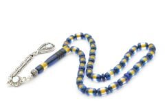 Mineli Kamçılı Bilek Boy Sarı Lacivert Sürmeli Sıkma Kehribar Tesbih