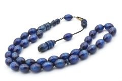 Hakkı Usta İmzalı Beyzi Kesim Simli Mavi Sıkma Kehribar Tesbih