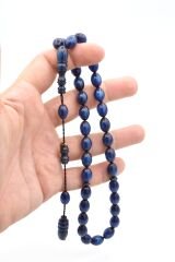 Hakkı Usta İmzalı Beyzi Kesim Simli Mavi Sıkma Kehribar Tesbih