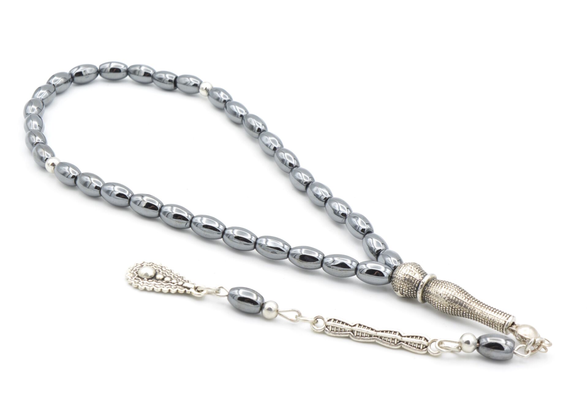 Gümüş Kaplama Malzemeli Arpa Kesim Hematit Taşı Tesbih 001