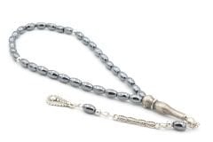 Gümüş Kaplama Malzemeli Arpa Kesim Hematit Taşı Tesbih 001