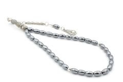 Gümüş Kaplama Malzemeli Arpa Kesim Hematit Taşı Tesbih 001