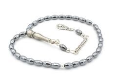 Gümüş Kaplama Malzemeli Arpa Kesim Hematit Taşı Tesbih 001