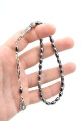 Gümüş Kaplama Malzemeli Arpa Kesim Hematit Taşı Tesbih 001