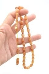 Hakkı Usta İmzalı Beyzi Kesim Simli Beyaz Sıkma Kehribar Tesbih