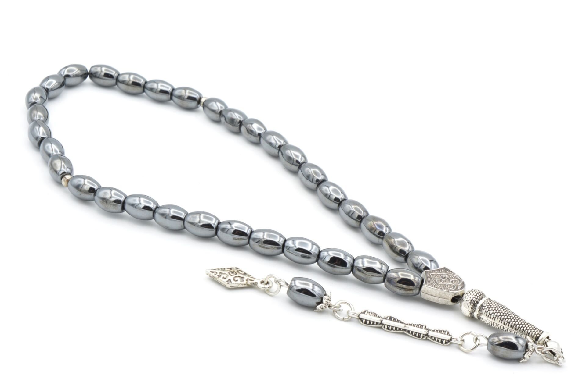 Gümüş Kaplama Malzemeli Arpa Kesim Hematit Taşı Tesbih 002