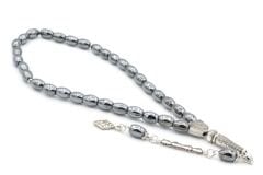 Gümüş Kaplama Malzemeli Arpa Kesim Hematit Taşı Tesbih 002