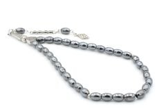 Gümüş Kaplama Malzemeli Arpa Kesim Hematit Taşı Tesbih 002