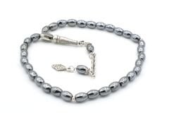 Gümüş Kaplama Malzemeli Arpa Kesim Hematit Taşı Tesbih 002