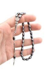 Gümüş Kaplama Malzemeli Arpa Kesim Hematit Taşı Tesbih 002