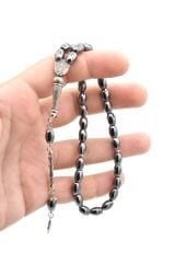 Gümüş Kaplama Malzemeli Arpa Kesim Hematit Taşı Tesbih 002