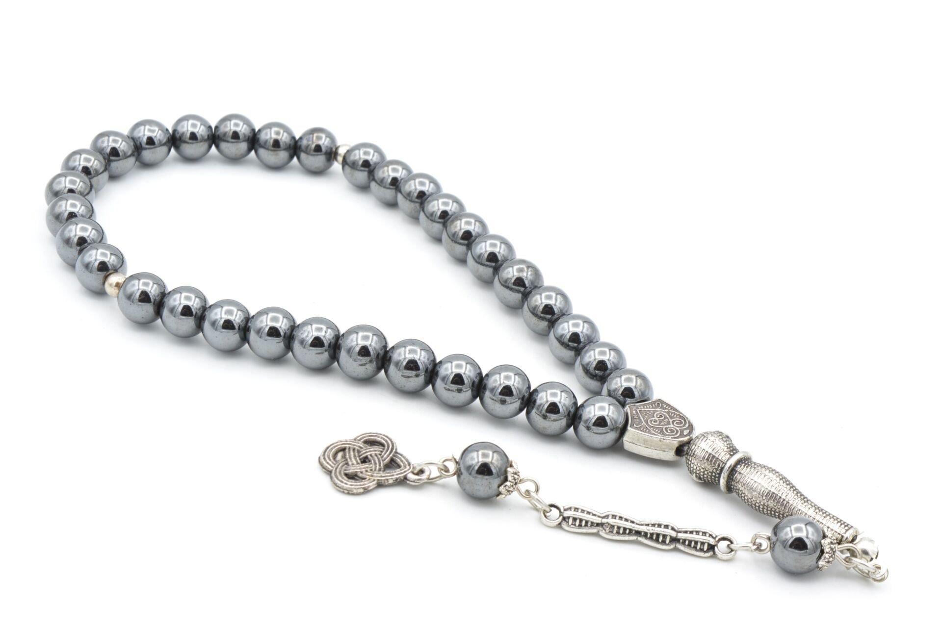 Gümüş Kaplama Malzemeli Küre Kesim Hematit Taşı Tesbih 003