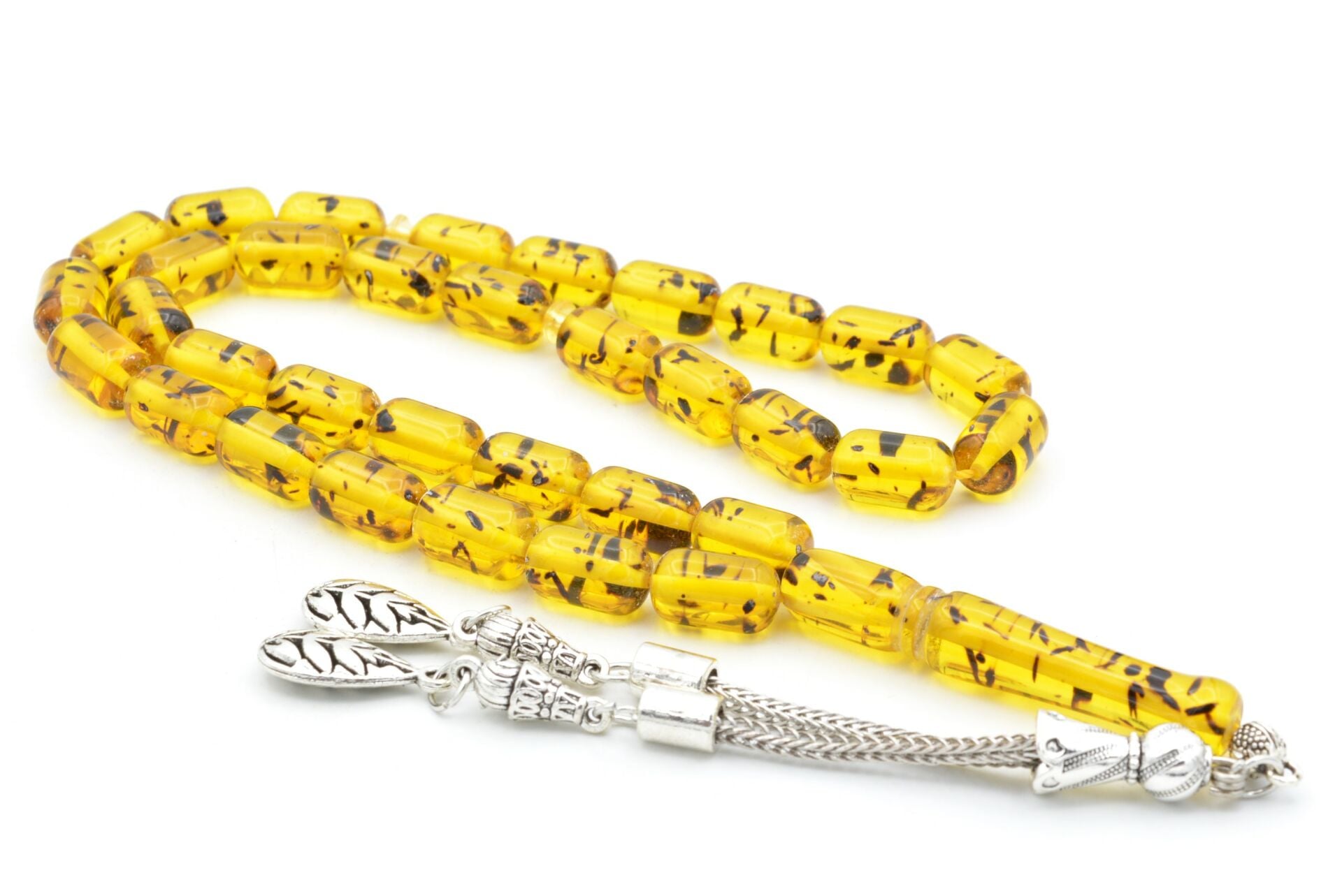 Kaplama Püsküllü Kapsül Kesim Fosilli Sarı Toz Pres Kehribar Tesbih