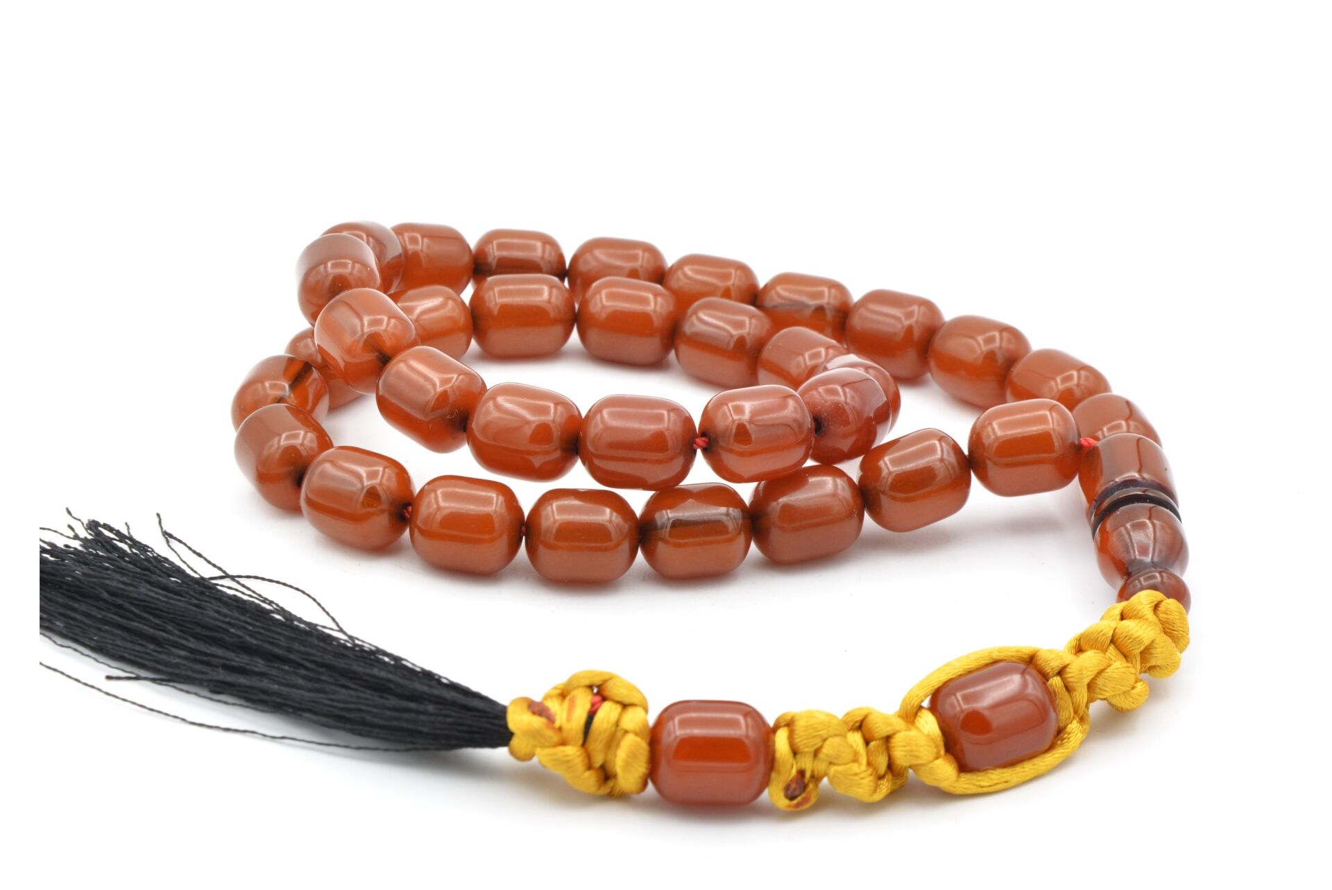 Makrome Model Fıçı Kesim Koyu Sarı Sıkma Kehribar Tesbih