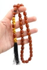 Makrome Model Fıçı Kesim Koyu Sarı Sıkma Kehribar Tesbih