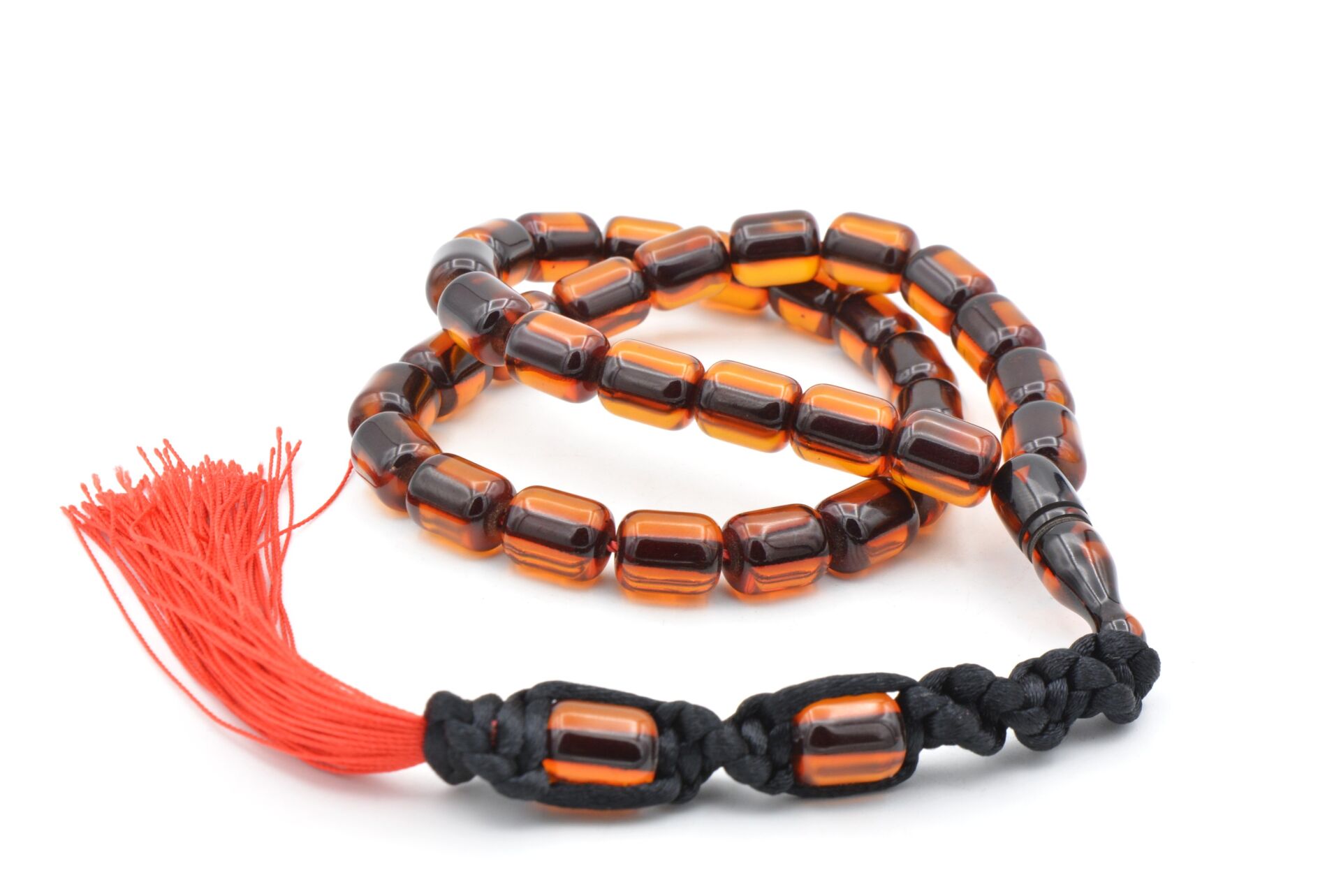 Makrome Model Fıçı Kesim Turuncu Sıkma Kehribar Tesbih