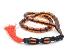 Makrome Model Fıçı Kesim Turuncu Sıkma Kehribar Tesbih