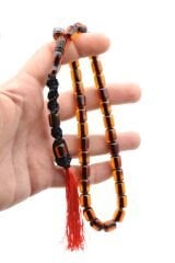 Makrome Model Fıçı Kesim Turuncu Sıkma Kehribar Tesbih