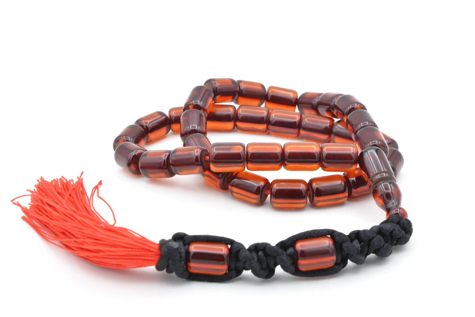 Makrome Model Fıçı Kesim Koyu Turuncu Sıkma Kehribar Tesbih