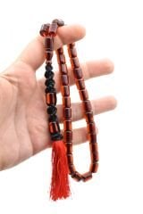 Makrome Model Fıçı Kesim Koyu Turuncu Sıkma Kehribar Tesbih