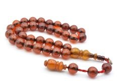 Dabbas Usta İmzalı Küre Kesim Hareli Turuncu Sıkma Kehribar Tesbih 002