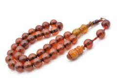 Dabbas Usta İmzalı Küre Kesim Hareli Turuncu Sıkma Kehribar Tesbih 002