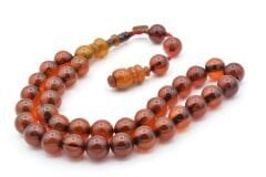 Dabbas Usta İmzalı Küre Kesim Hareli Turuncu Sıkma Kehribar Tesbih 002