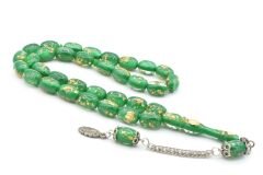 Kapsül Kesim Altın Varaklı Yeşil Uçak Camı Tesbih