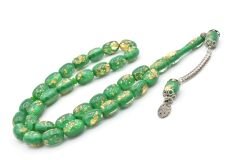 Kapsül Kesim Altın Varaklı Yeşil Uçak Camı Tesbih