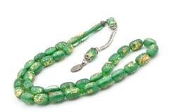 Kapsül Kesim Altın Varaklı Yeşil Uçak Camı Tesbih