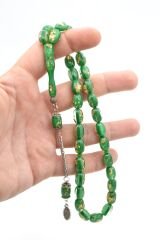 Kapsül Kesim Altın Varaklı Yeşil Uçak Camı Tesbih