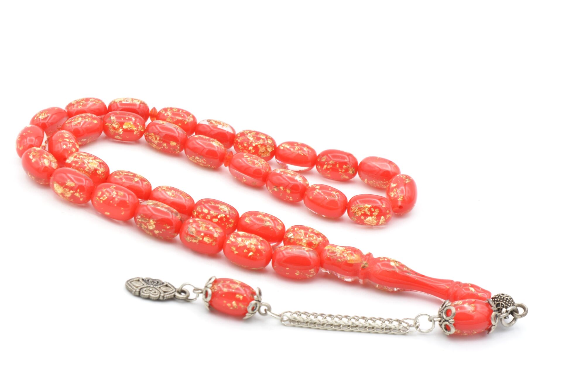 Kapsül Kesim Altın Varaklı Kırmızı Uçak Camı Tesbih