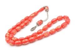 Kapsül Kesim Altın Varaklı Kırmızı Uçak Camı Tesbih