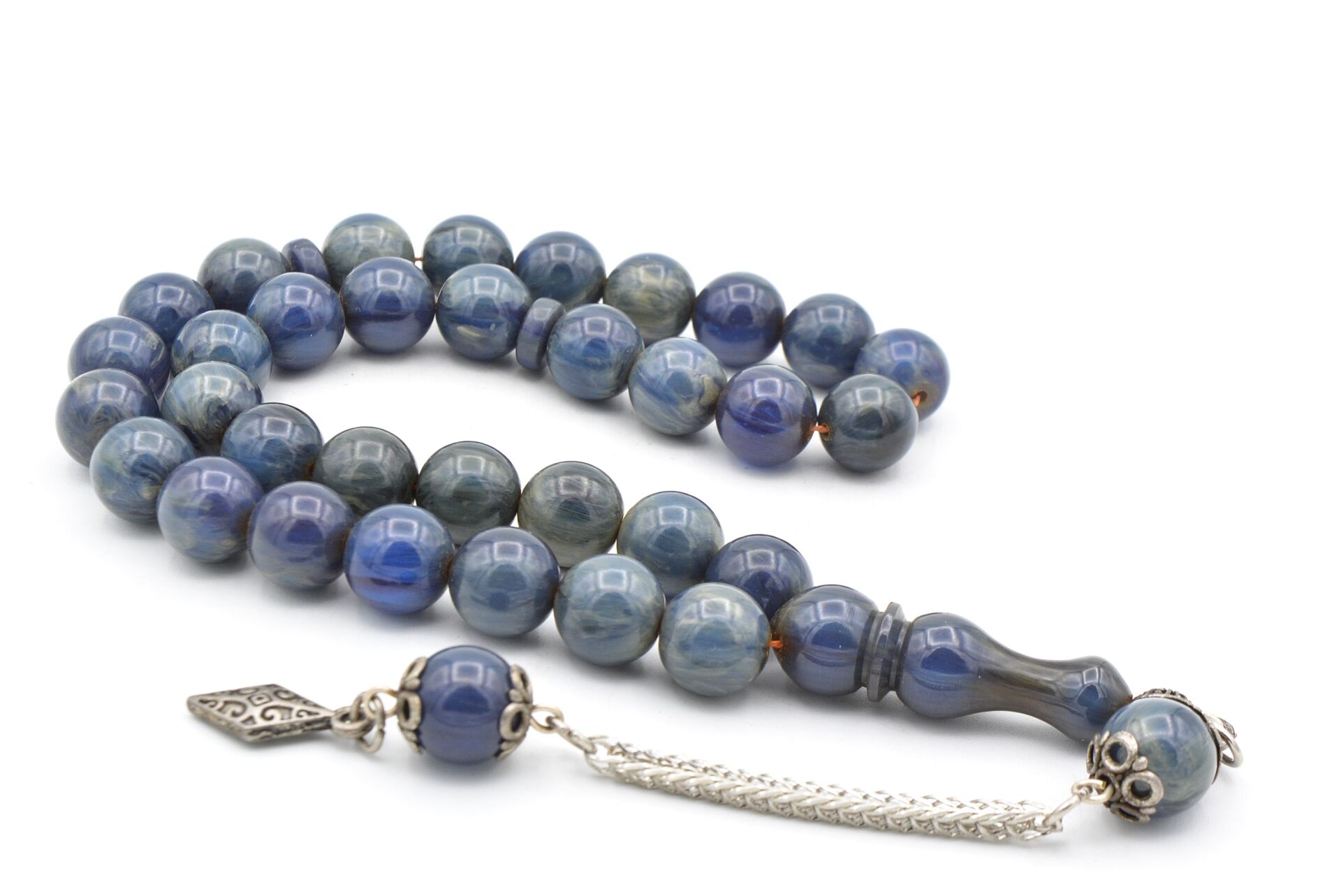 Gümüş Kaplamalı Küre Kesim Hareli Lacivert Katalin Tesbih