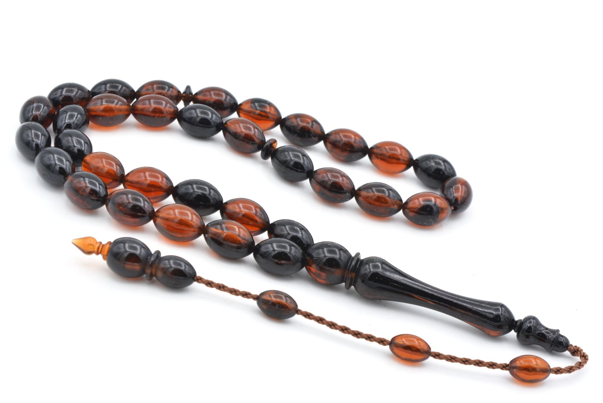 Sistemli Beyzi Kesim İri Boy Turuncu Siyah Toz Kehribar Tesbih
